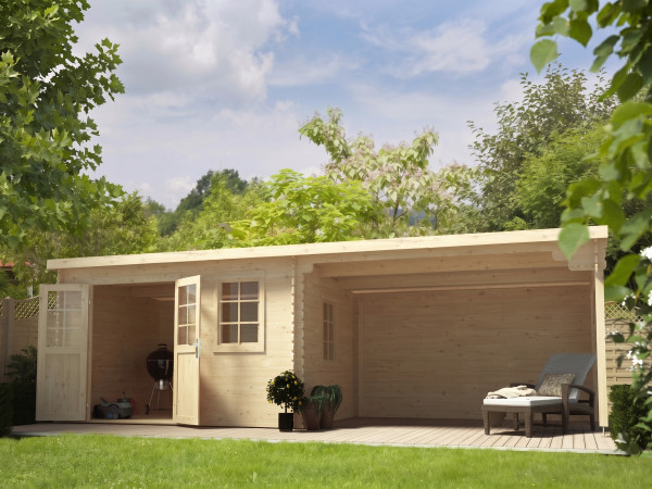 Gartenhaus Blockbohlenhaus CA2988 28 mm naturbelassen mit 4 m Anbau