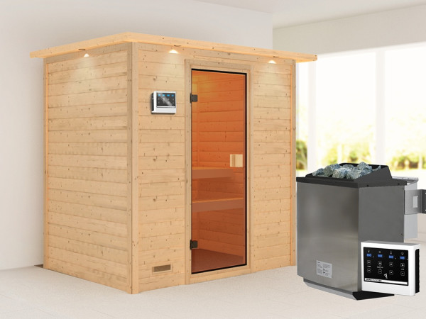 Sauna Massivholzsauna Selena mit Dachkranz, inkl. 9 kW Bio-Ofen mit externer Steuerung