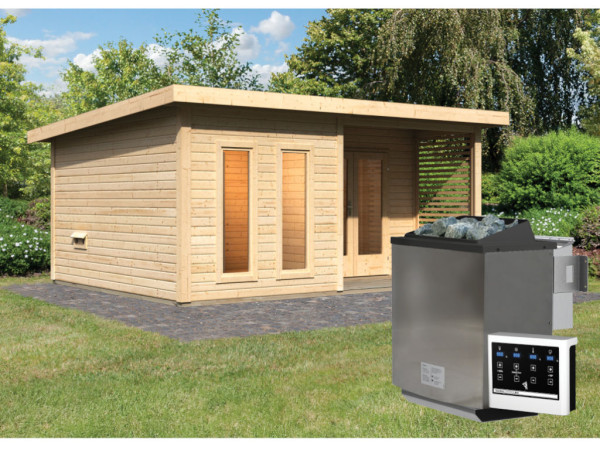 Saunahaus Mainburg 5 naturbelassen 38 mm inkl. Bio-Kombiofen 9 kW + ext. Steuerung