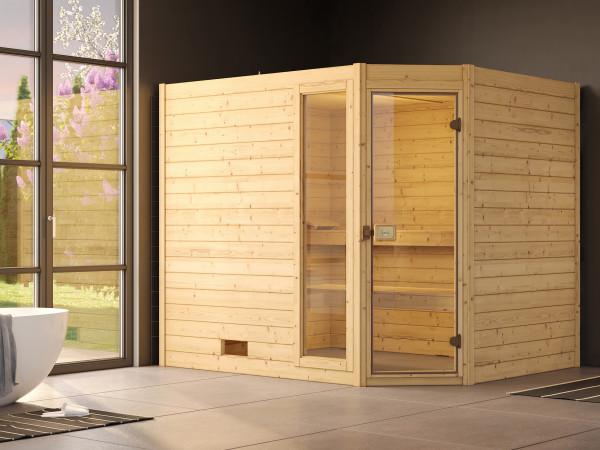 Massivholzsauna Valida Eck mit Ganzglastür inkl. 7,5 kW Bio Saunaofen Naturbelassen