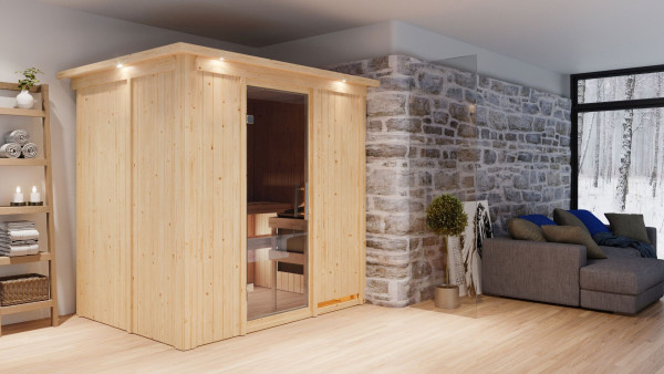Sauna Systemsauna Bodin mit Dachkranz, inkl. 9 kW Bio-Ofen mit externer Steuerung