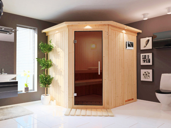 Sauna Systemsauna Siirin mit Dachkranz, inkl. 4,5 kW Bio-Ofen mit externer Steuerung