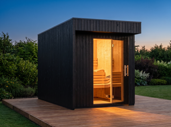 Gartensauna Musta 72 mm mit Glastür, Schwarz lasiert