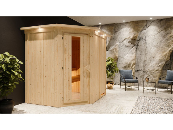 Sauna Systemsauna Siirin mit Dachkranz, inkl. 9 kW Ofen mit externer Steuerung