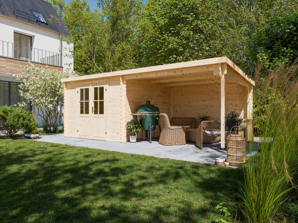 Gartenhaus Blockbohlenhaus Orlando Exklusiv 28 mm naturbelassen mit 3 m Anbau