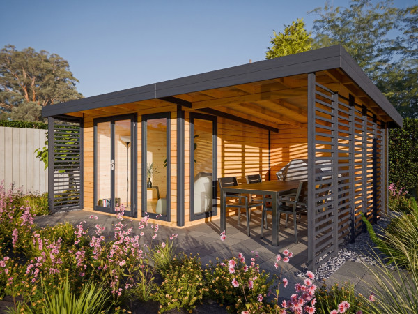 Gartenhaus Homeoffice Arvo 28 mm Eiche-Anthrazit mit 250 cm Anbau