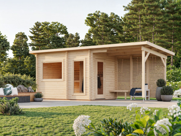 Saunahaus Blockbohlenhaus Sanna 6,8+5,9 m² 44 mm naturbelassen