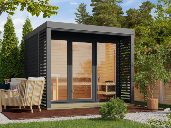 Saunahaus Ares 3 anthrazit / graualuminium inkl. 11 kW Bio-Kombiofen ext. Steuerung
