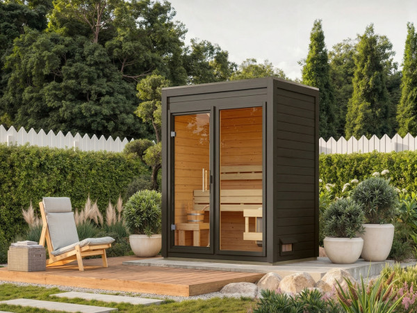 Gartensauna View terragrau SPARSET mit 9 kW Ofen und ext. Steuerung