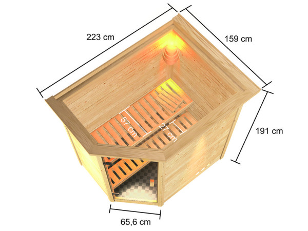 Sauna Massivholzsauna Jella mit Dachkranz, inkl. 9 kW Ofen mit integrierter Steuerung