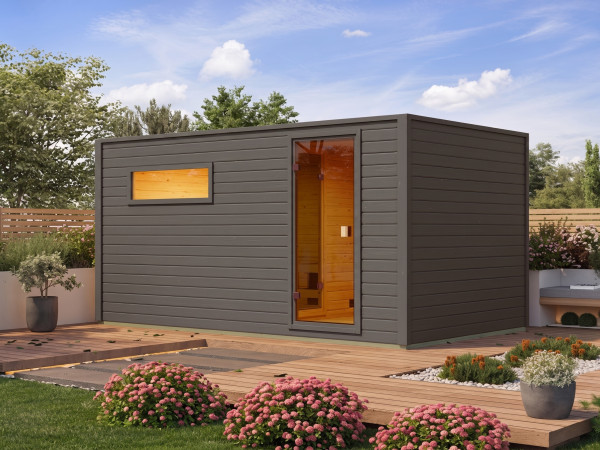 Gartensauna Lenchen 6 terragrau mit Vorraum und bronzierter Ganzglastür
