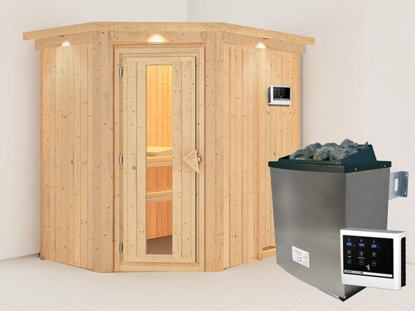 Sauna Systemsauna Carin mit Dachkranz, inkl. 9 kW Ofen mit externer Steuerung