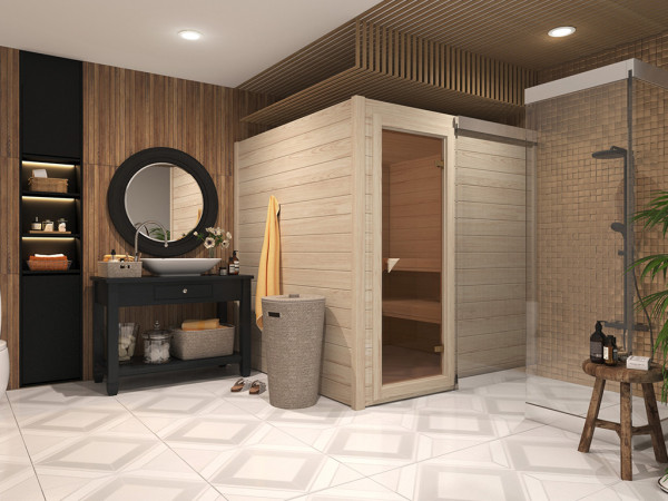 Sauna Massivholzsauna SPARSET Nauttia 1 inkl. 9 kW Bio-Ofen mit externer Steuerung