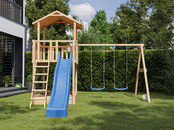 Spielturm Tilly Premium mit Doppelschaukel Lärche inkl. Rutsche blau + Sitze blau