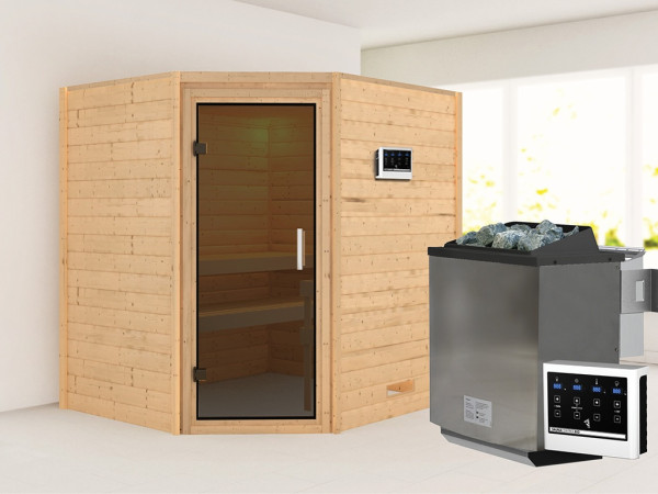 Sauna Massivholzsauna Mia, inkl. 9 kW Bio-Ofen mit externer Steuerung