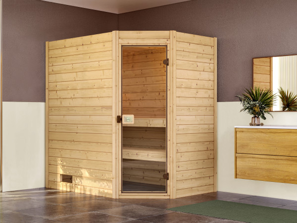Massivholzsauna Valida Eck mit Ganzglastür inkl. 5,4 kW Kompakt Saunaofen Naturbelassen