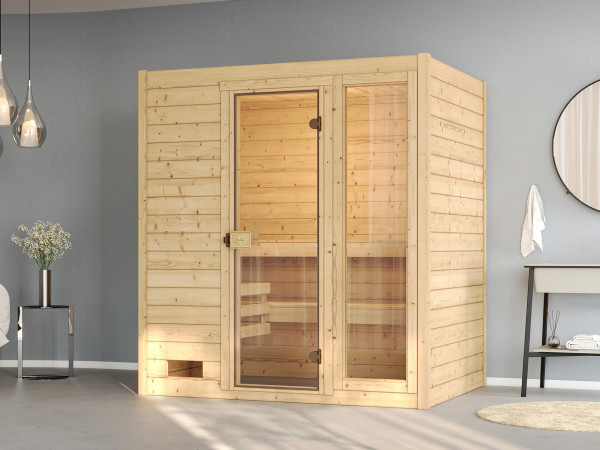 Massivholzsauna Valida mit Ganzglastür inkl. 5,4 kW Kompakt Saunaofen Naturbelassen