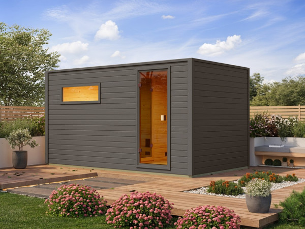 Gartensauna Lenchen 6 terragrau mit Vorraum und bronzierter Ganzglastür