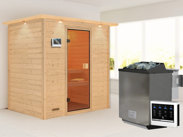 Sauna Massivholzsauna Sonja mit Dachkranz, inkl. 9 kW Bio-Ofen mit externer Steuerung