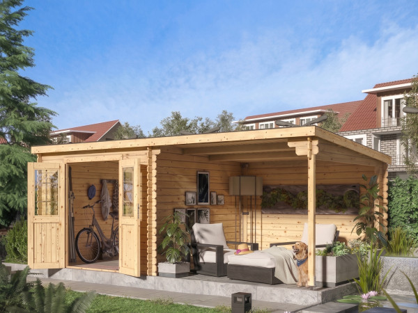 Gartenhaus Blockbohlenhaus CA2977 28 mm naturbelassen mit 3 m Anbau inkl. selbstklebende Dachbahn