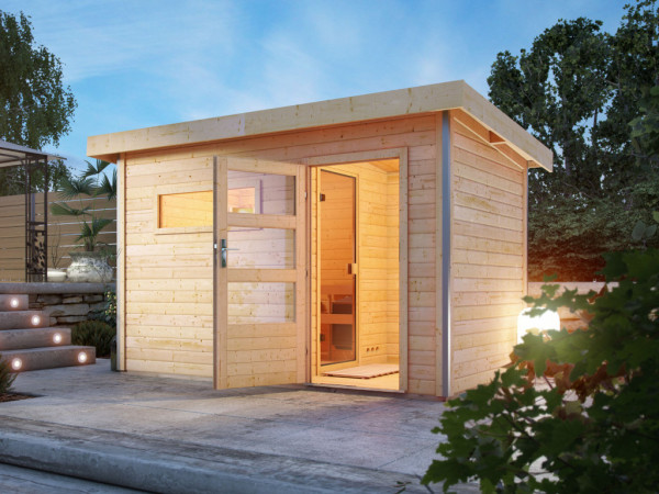 Saunahaus Skrollan 3 mit Klarglastür & Vorraum, inkl. 9 kW Bio-Kombiofen mit externer Steuerung