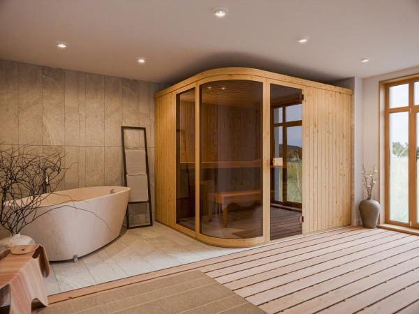 Elementsauna Sarah 2 mit Ganzglastür und Bogenfenster