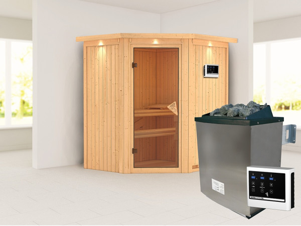 Sauna Systemsauna Taurin mit Dachkranz, inkl. 9 kW Ofen mit externer Steuerung