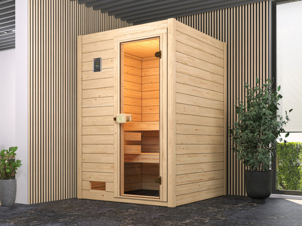 Massivholzsauna Valida mit Ganzglastür inkl. Kompakt Offen 3,6 kW Naturbelassen