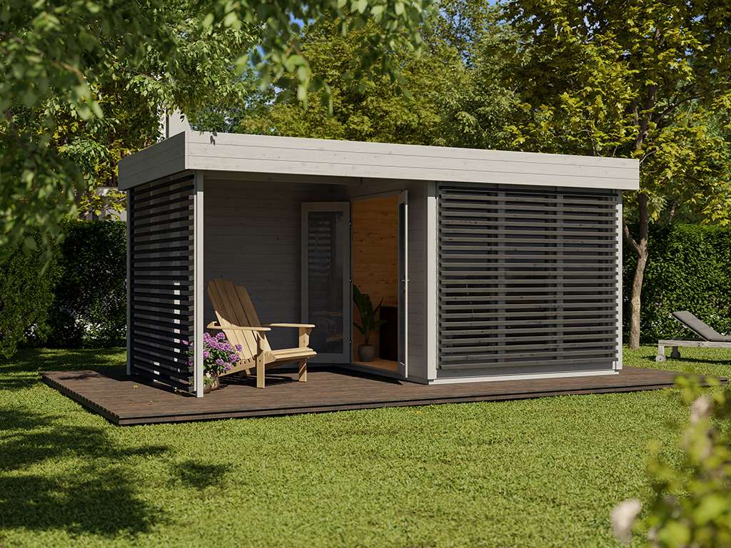 Gartenhaus Homeoffice Ivar 28 mm naturbelassen mit 264 cm Anbau