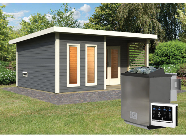Saunahaus Mainburg 5 terragrau 38 mm inkl. Bio-Kombiofen 9 kW + ext. Steuerung