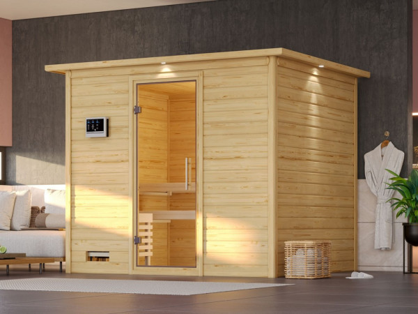 Massivholzsauna Sonara mit Dachkranz, Klarglas Ganzglastür