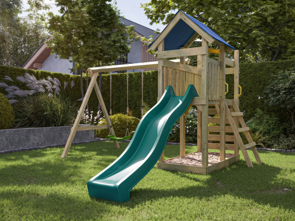 Spielturm Speedy KDI inkl. Doppelschaukel inkl. Rutsche türkis + Sitze grün