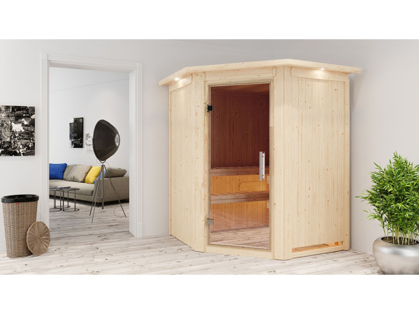 Sauna Systemsauna Larin mit Dachkranz, inkl. 9 kW Ofen mit externer Steuerung