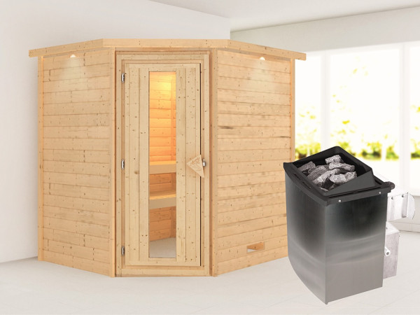 Sauna Massivholzsauna Mia mit Dachkranz, inkl. 9 kW Ofen mit integrierter Steuerung