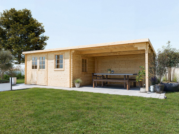 Gartenhaus Blockbohlenhaus CA2988 28 mm naturbelassen mit 4 m Anbau