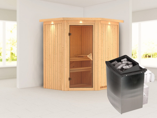 Sauna Systemsauna Taurin mit Dachkranz, inkl. 9 kW Ofen mit integrierter Steuerung