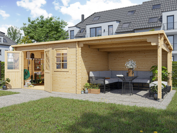 Gartenhaus Blockbohlenhaus CA2987 28 mm naturbelassen mit 3 m Anbau