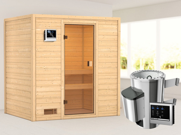 Sauna Selena mit bronzierter Glastür + 3,6 kW Plug &amp; Play Saunaofen ext. Strg.