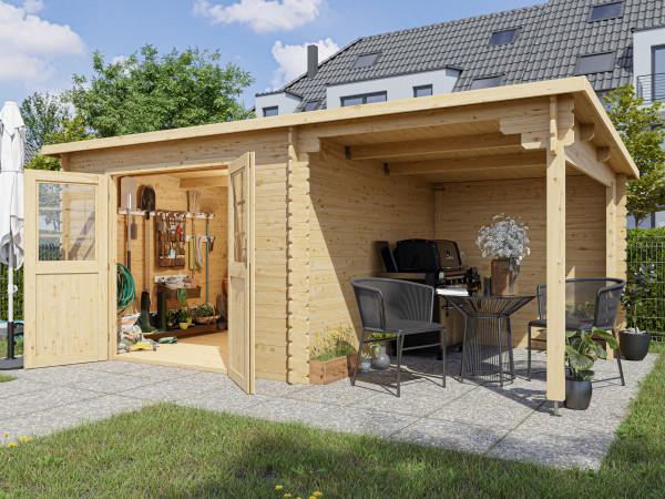 Gartenhaus Blockbohlenhaus CA2976 28 mm naturbelassen mit 2 m Anbau