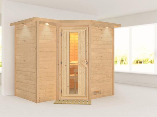Massivholzsauna Sahib 2 mit Dachkranz, Holztür mit Isolierglas