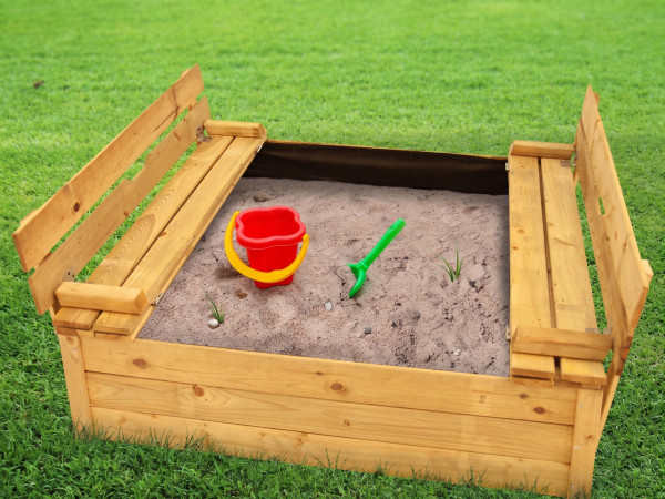 Sandkasten Tommy de Luxe KDI 120 x 120 mit Sitzbänken und Abdeckung