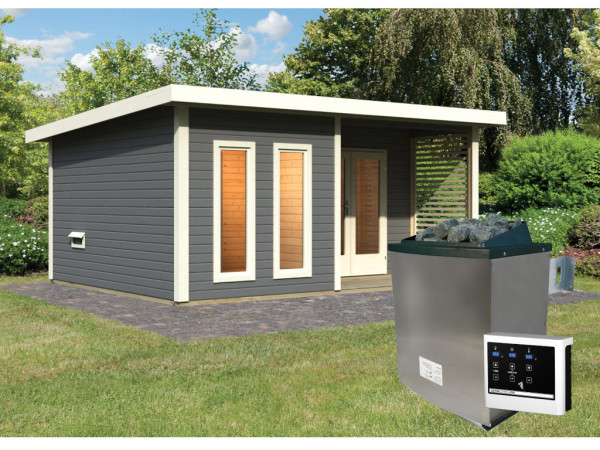 Saunahaus Mainburg 5 terragrau 38 mm inkl. klassischer Saunaofen 9 kW + ext. Steuerung