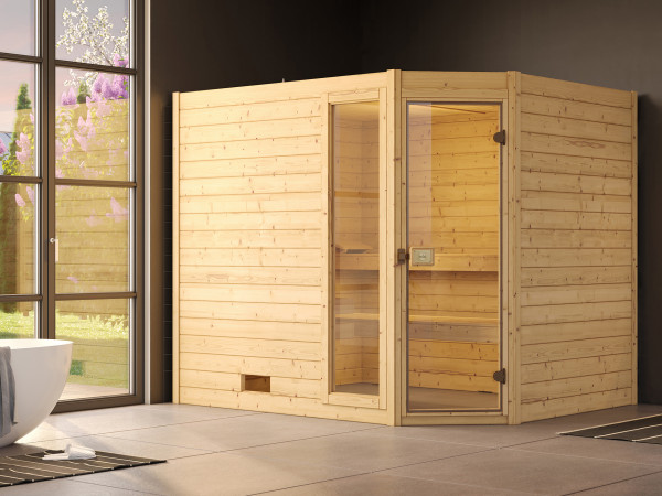 Massivholzsauna Valida Eck mit Ganzglastür inkl. 9 kW Saunaofen Naturbelassen