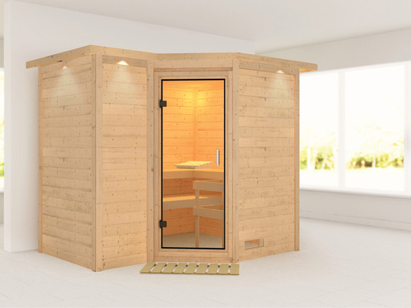 Sauna Massivholzsauna Sahib 2 mit Dachkranz, Klarglas Ganzglastür