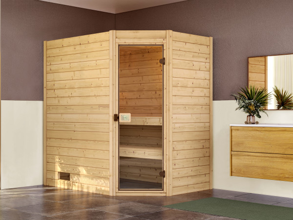 Massivholzsauna Valida Eck mit Ganzglastür inkl. 7,5 kW Saunaofen Naturbelassen
