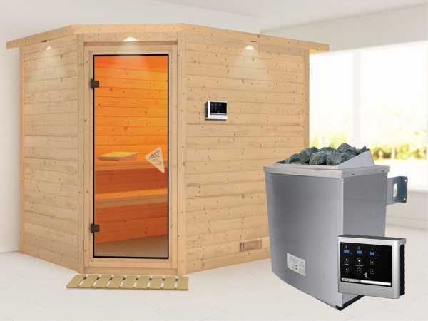 Sauna Massivholzsauna Tanami mit Dachkranz, inkl. 9 kW Saunaofen ext. Steuerung