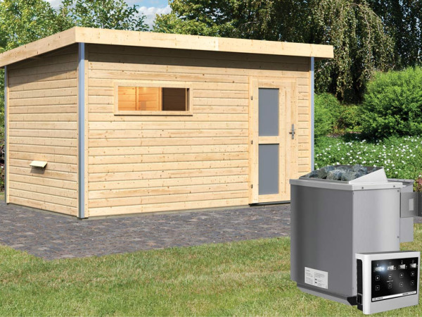 Saunahaus Skrollan 3 mit Milchglastür &amp; Vorraum, inkl. 9 kW Bio-Kombiofen mit externer Steuerung