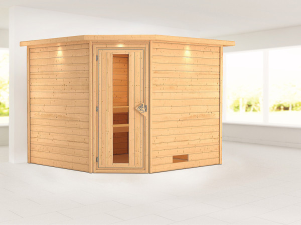 Sauna Massivholzsauna Leona mit Dachkranz, Holztür mit Isolierverglasung