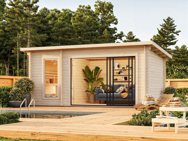 Saunahaus Blockbohlenhaus Sanna 12,8 m² Slide Plus 44 mm naturbelassen