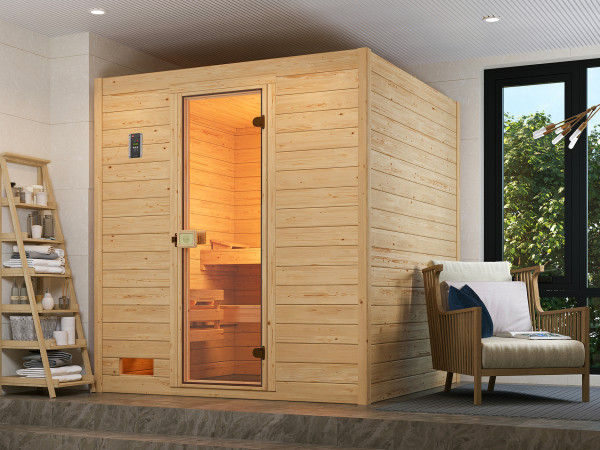 Massivholzsauna Valida mit Ganzglastür inkl. 5,4 kW Kompakt Saunaofen Naturbelassen